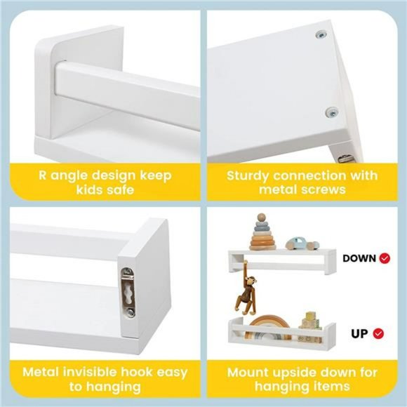 Nursery Book Shelves - Wood Floating Bookshelf for Kids -Set of 2 - White - 16" - Picture 4 of 6